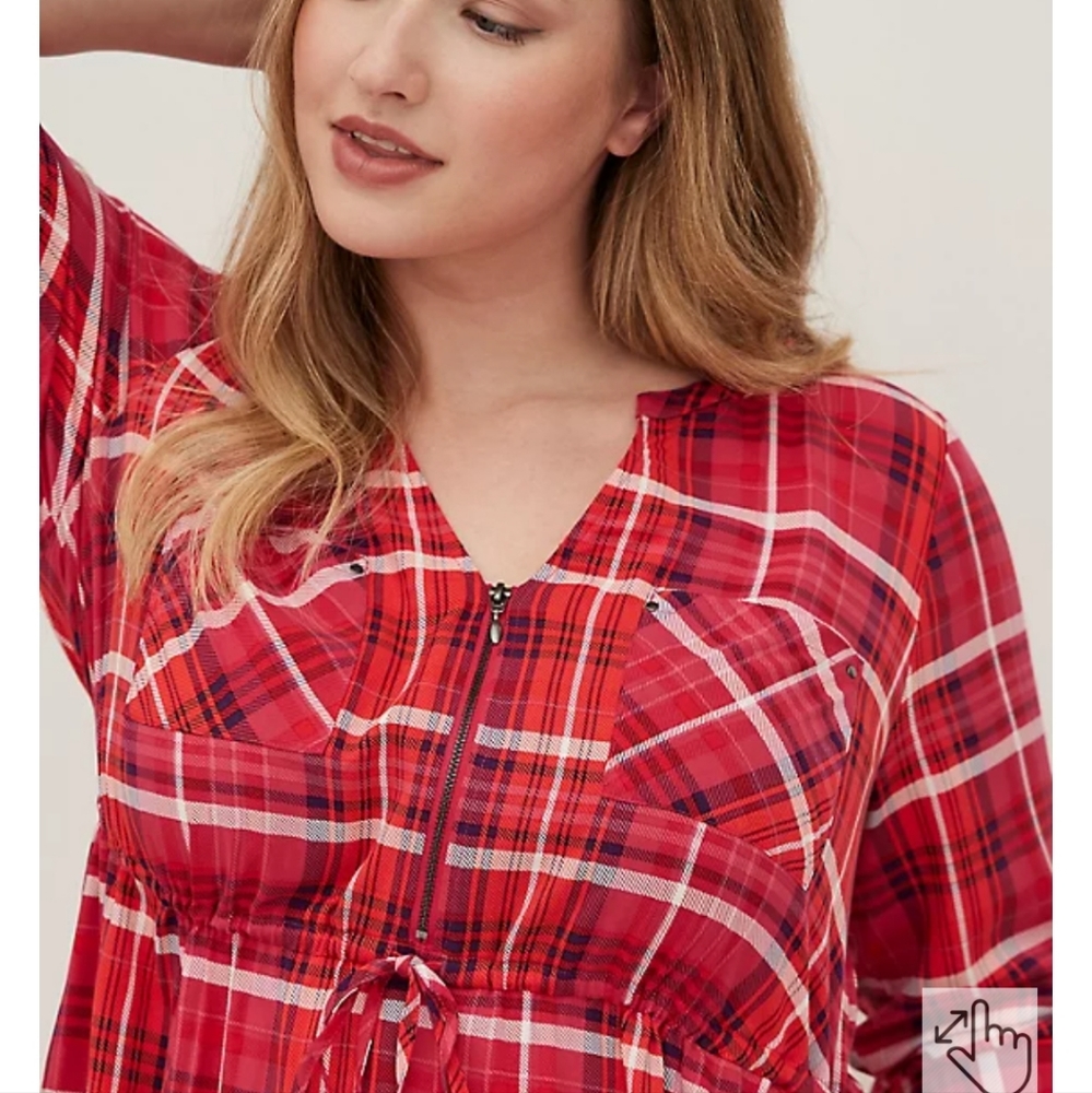NWT Torrid Zip Front Plaid Challis Shirt Dress Red Size 0x 12 - Picture 2 of 14
